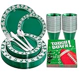 Hioasis 175pcs Football Plates, Green Plastic Plates Disposable, Football Party Plates Include 25Dinner Plates,25Salad Plates,25Cups,25Forks, 25Knives, 25Spoons, 25Napkins for Super Bowl/Christmas