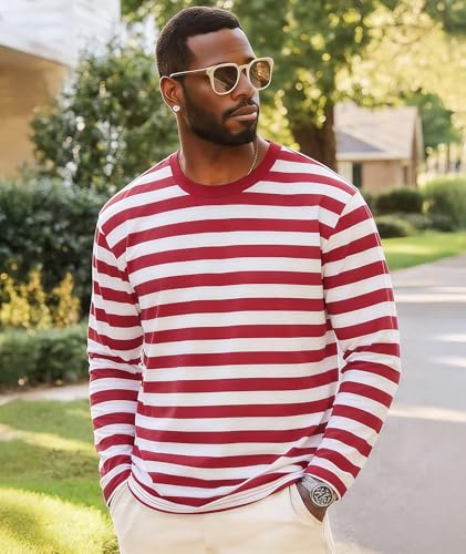 Image of KESIHAN Mens Striped Long Sleeve Shirt Crewneck Casual T-Shirt Basic Stripe Cotton Spandex tee Shirt