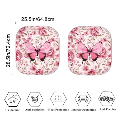 Image of Pink Butterfly Car Sun Shade for Windshield, 2-Pack, Universal Fit, 28.5 x 25.5 inches, Butterfly Print