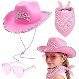 FCXVXCL Sombrero Vaquero Para Niños 3 Piezas Disfraz De Vaquero Para Niños Sombrero Vaquero Con Diadema Ribete Plateado Gafas Sol Con Forma De Corazón Bufanda Accesorios