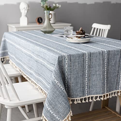 Nappe rectangle en coton lin grise 140x300cm avec pompons élégants