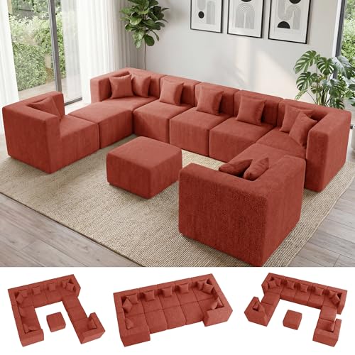 Image of MONVANE Oversized Boneless Sectional Couches for Living Room, 10-Seat Cloud Couch, Modular Sofa with Ottoman & 10 Throw Pillows, Comfy Chenille, No Assembly Required, Red