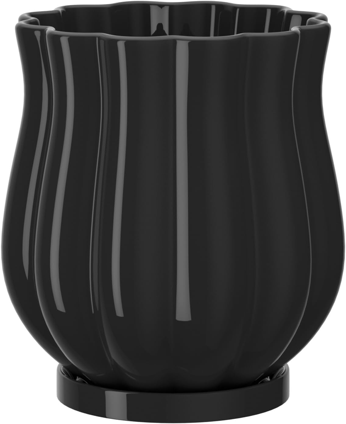 Ceramic Planter, 7.1 × 7.1 × 7.9 Inches Plant Pot with Drainage Hole and Saucer, Indoor Outdoor Planter Flower Pots, Black Pot for Plants