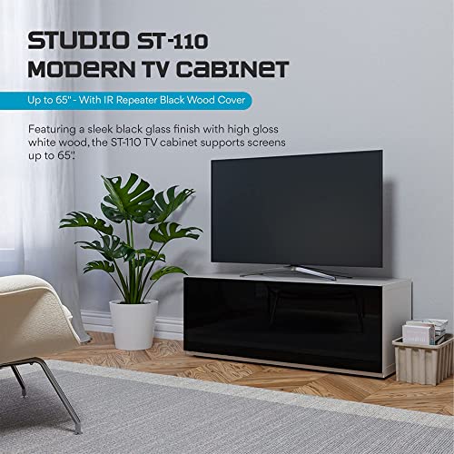 Image of SONOROUS ST-110 Premium TV Stand with White Glass & Black Wood Cover - Modern Entertainment Center & Media Console for Living Room - TV Cabinet up to 65 Inch with Hidden Wheels - Sleek Storage Design