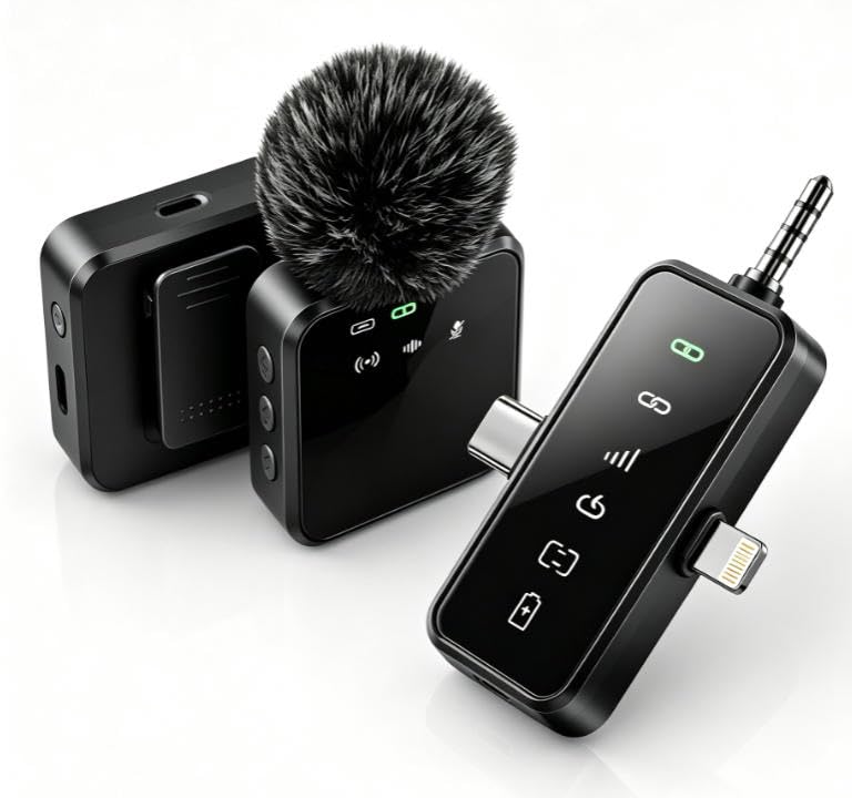 VSNICE Wireless Lapel Clip-on Microphone, Microphone for iPhone, Low Latency Noise Canceling Mini Mic for Podcast Recording-Obsidian Black