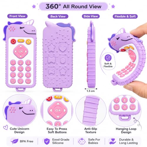 Image of CHICAGOZONE Premium Baby Silicone Teether Ring Toy - BPA Free Soft Teething Toy for Infants, Multi-Texture Sensory Chew Toy, Easy Grip Teether for Babies 3-12 Months, Cute Animal Design (Multicolor) (PURPLE KITTY)