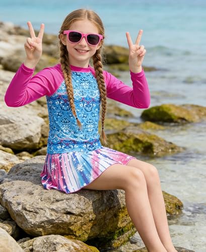 Image of Idgreatim Girls Swimsuit Rash Guard Set Long Sleeve Two Piece Bathing Suit 3-10 Years