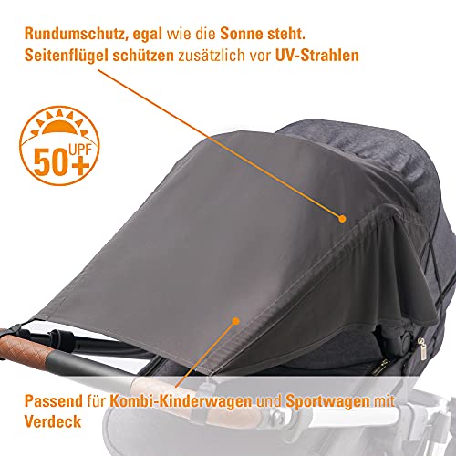 DIAGO Sonnenschutz für Kinderwagen mit Seitenschutz, UV-Schutz 50, universelles Sonnenverdeck für Kinderwagen, Sonnendach, Sonnenrollo, Sonnenschutz für Babys, Farbe: Anthrazit.