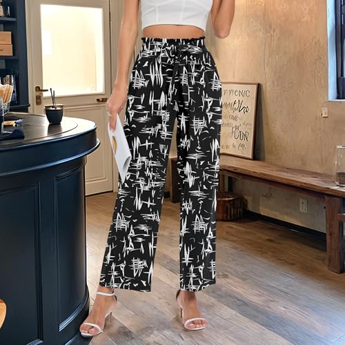 Women Wide Leg Pants with Pockets Lightweight High Waist Adjustable Casual Pants Business Work Trousers Floral3