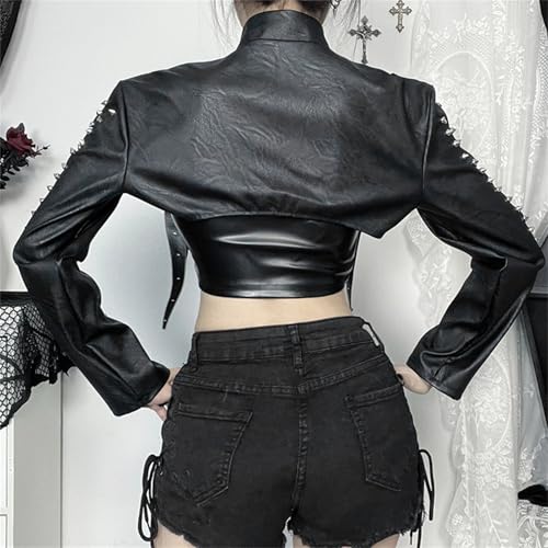 Image of Women Gothic Crop Top Shirt Y2K Black Bell Sleeve Shawl Cardigan