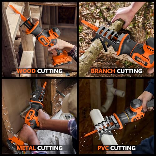 Alloyman Reciprocating Saw, 20V Cordless Battery Power Saw, 0-3500 SPM, with 2000mAh Battery, Tool-Free Change, 5 PCS Blades for Wood Metal PVC Pipe Tree Cutting