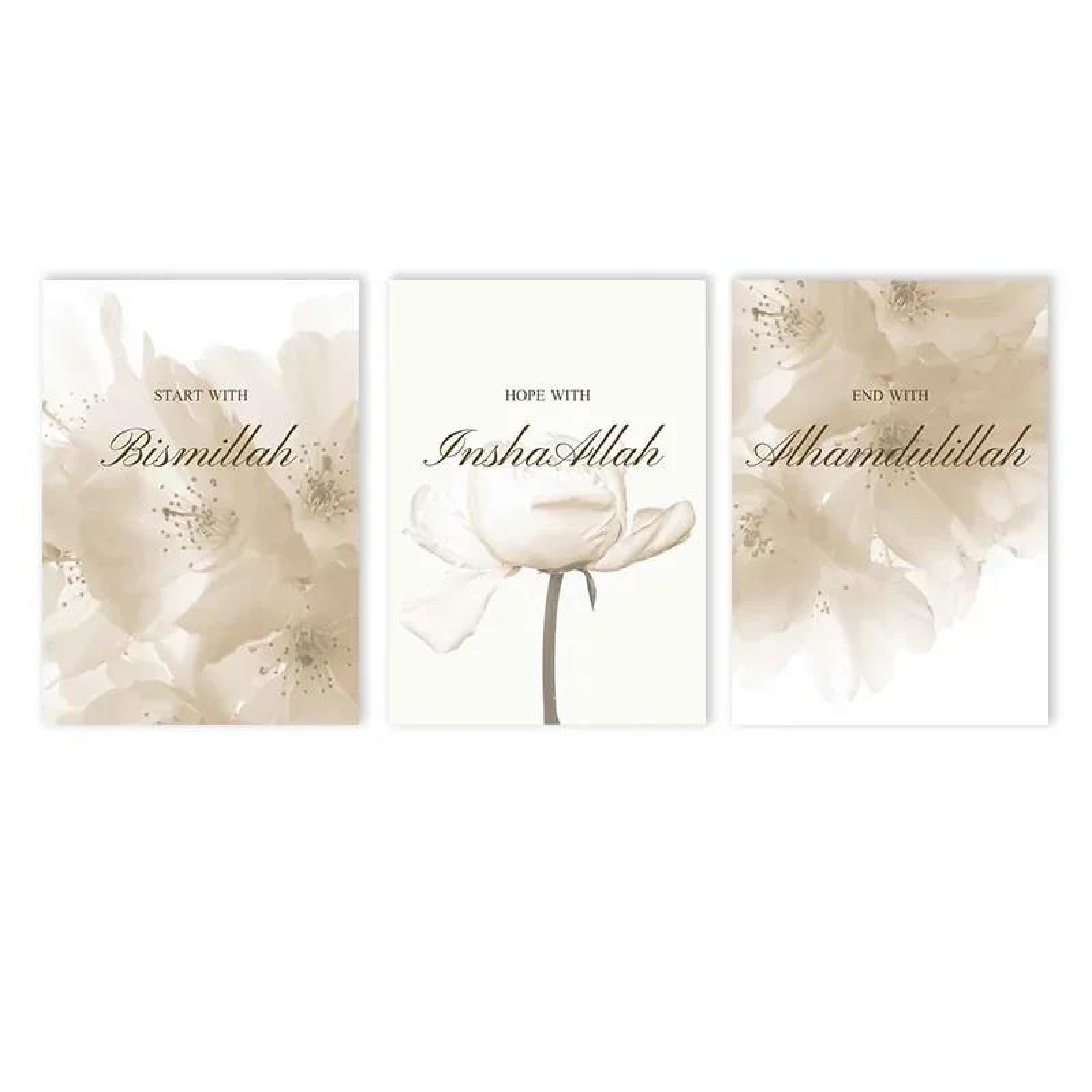 Baibexing Bismillah Islamic Canvas Print Flower Muslim Quotes Poster Arabic Calligraphy Painting Wall Art Pictures Living Room Home Decor 50X70Cmx3Pcs Unframed