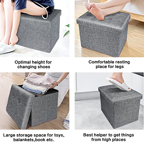 Amassmile® Storage Ottoman Folding Foot Rest Stool, 17 Inch Linen Footstool Bench, Short Ottoman Bench, Storage Foot Rest Store, Books, Records Support 330 Lbs,Grey #TOP5