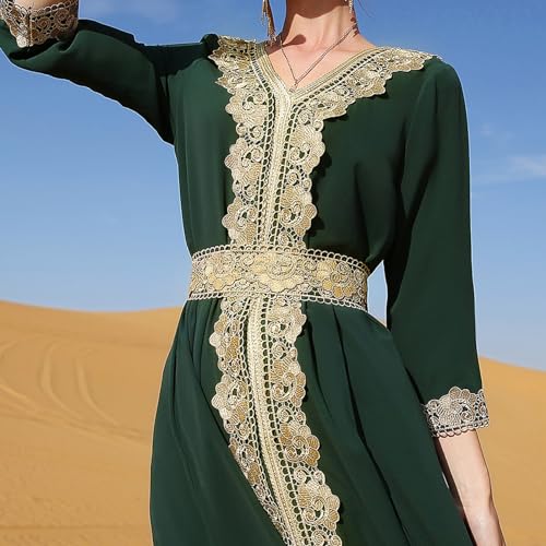 Image of IDOPIP Embroidery Abayas for Women Muslim Moroccan Floral Maxi Kaftan Dress Arabic Islamic Dubai Robe Ramadan Prayer Clothes