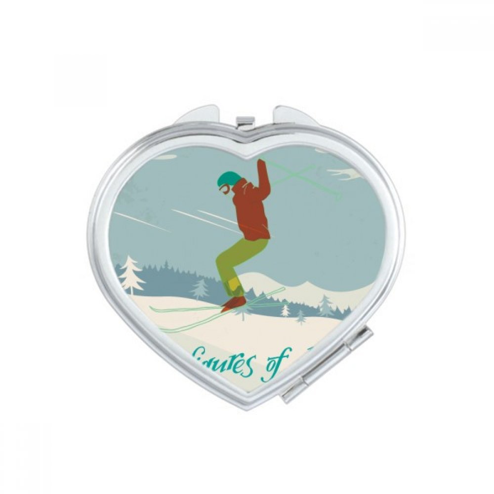 Miroir compact de poche multicolore avec illustration ski et cœur pour sac à main