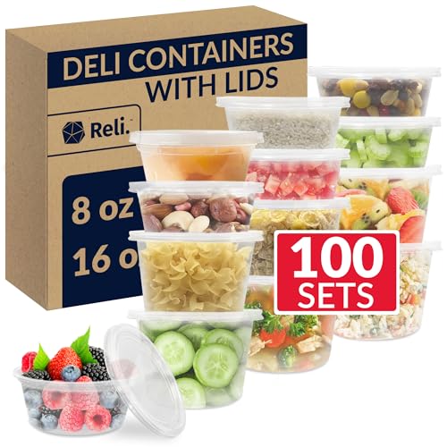 Image of Reli. Round Deli Containers With Lids 8oz & 16oz | 100 Sets | Clear