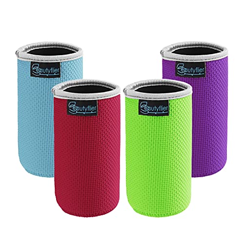 Beautyflier® Pack of 4 Anti-Slip Embossed Neoprene Bottle Insulator Sleeve 2.5mm Thick Collapsible Drink Can Cover for BBQ Camping Party (12oz(red/green/light blue/purple))