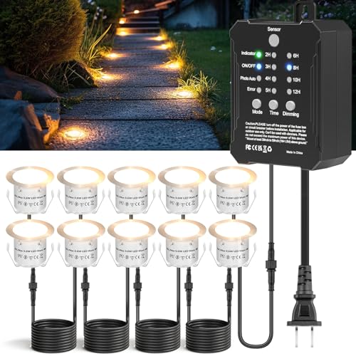 Foco LED empotrable regulable con transformador de bajo voltaje, temporizador y sensor de fotocélulas, 0,6 W, 32 mm de diámetro, luz blanca cálida, para exteriores, IP67, resistente al agua, para