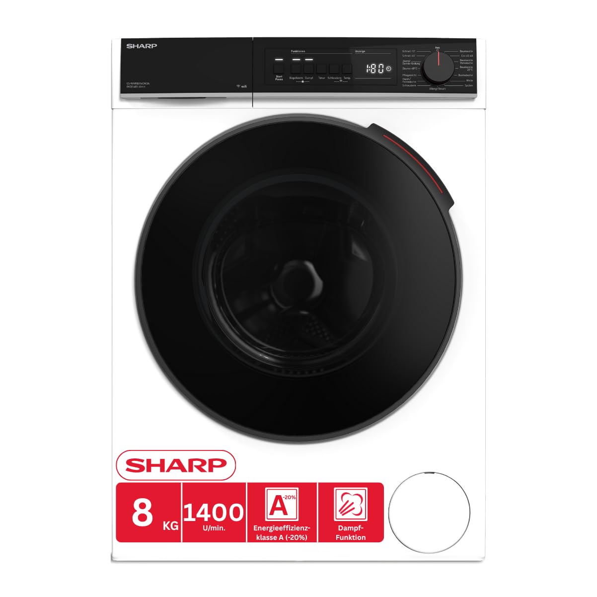 SHARP Waschmaschine ES-WNFB814CWDA-DE – 8 kg, Energieeffizienzklasse A, 1400 U/min, Inverter Motor, AquaStop, Dampffunktion, WiFi-Steuerung, Super Silent, Weiß