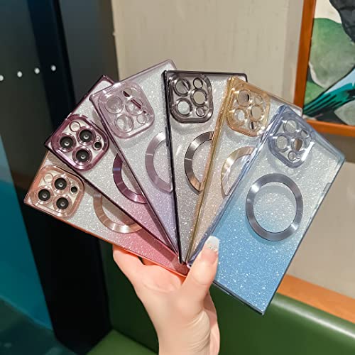 Image of for Square iPhone 12 Pro Max Case Glitter Magnetic Work with MagSafe Full Camera Lens Protection Luxury Plating Cute Bling Clear Shockproof Slim Phone Case for Women Girls (Light Purple)