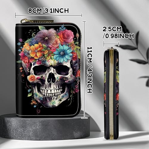 Image of Cute Credit Card Holder with Zipper, Sugar Skull Flowers RFID-Blocking Card Case Small Wallet for Women Men, Multi-slot Card Organizer Case Travel Accordion Wallet