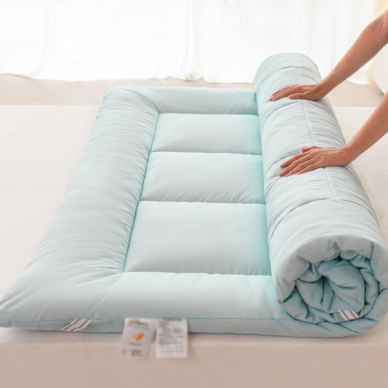 Japoński materac podłogowy futon o grubości 8 cm zwijany nakładka na łóżko, składany, do pokoju gościnnego, sypialni, kampera, czarny (niebieski, pełny 120 x 203 cm)