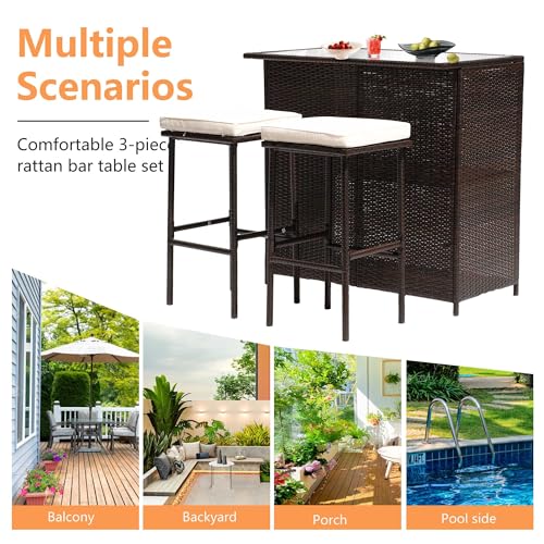PayLessHere Rattan Bar Set 3Pcs Patio Wicker Bistro Set Sturdy Frame Bar Height Table with Glass Table Top Storage Shelves 2 Bar Stools for Patio Poolside Porch Outdoor Indoor (Khaki) - Image 6