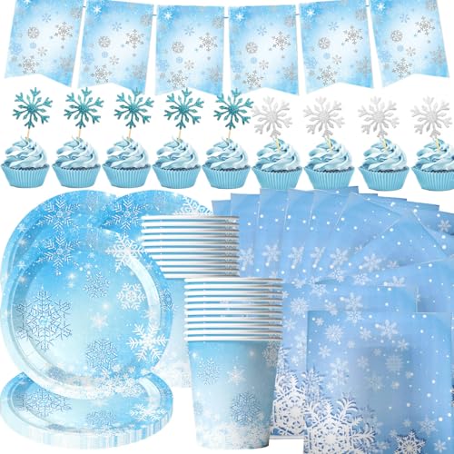 Lot de 95 pièces de vaisselle de fête en forme de flocon de neige avec onglets à tirer, assiettes, serviettes, gobelets en carton et inserts en flocons de...