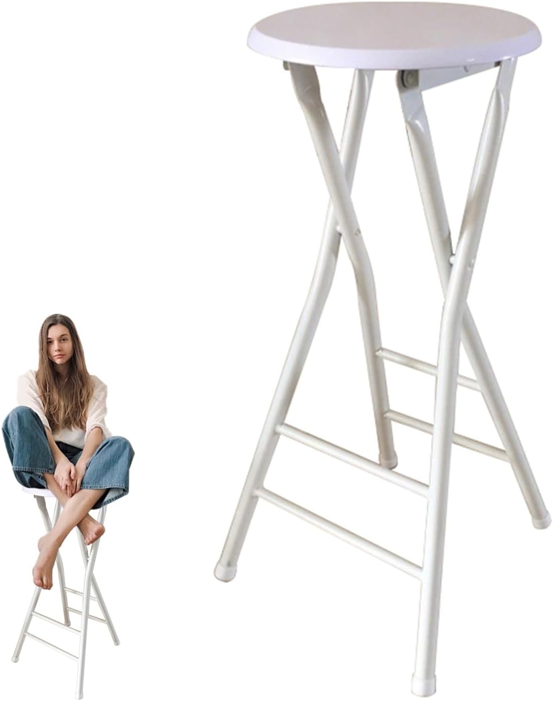 Portable Folding Bar Stool with Footrest, Round Cushion, Metal