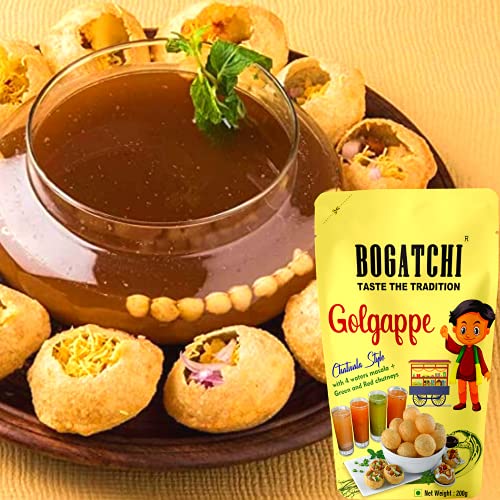 Image of BOGATCHI Pani puri packet ready to eat with 4 Waters Masala and Green & Red Chutneys | Pani Puri Papad | Golgappe Packet Readymade pani poori | Panipuri Fiber Rich Golgappa Complete Combo, 200g