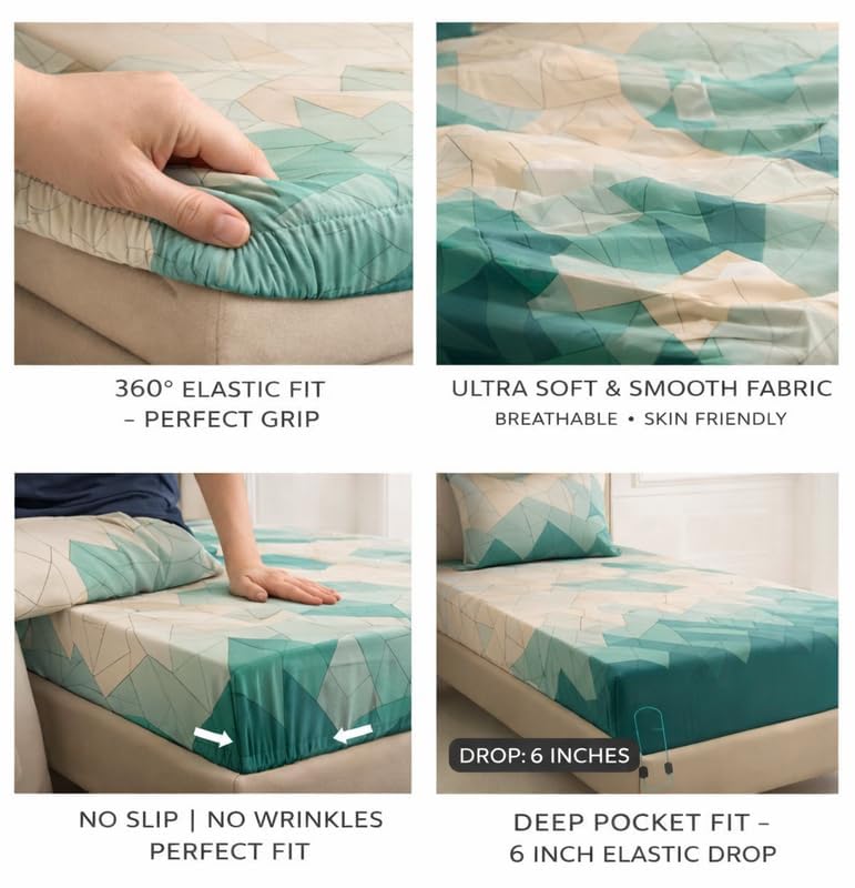 Image of Pure Cotton All Round Elastic Fitted Bedsheets with 1 Pillow Cover | Single Mattress Bed Breathable| Longlasting | Supersoft Size - 36 x 72 + 6 inches (Abstract, Color -Ombre Teal)