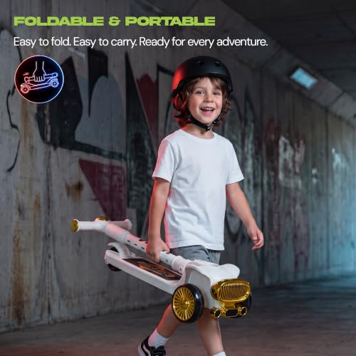 Image of Baybee Twirlo Baby Kick Scooters for Kids with 3 Height Adjustment | Foldable Skating Scooter with Foot Brake | Kids Scooter with RGB Lights & Music | Runner Scooters for Kid 2-10 Years (White)