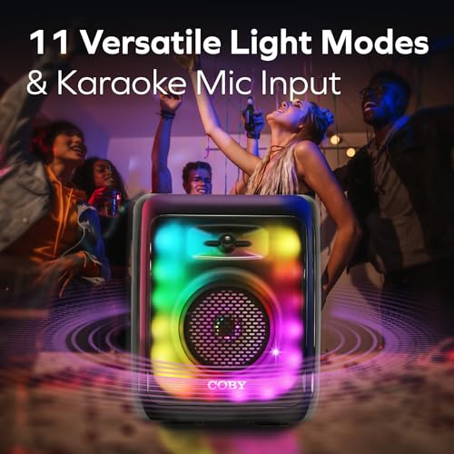 Image of Coby Portable Bluetooth Speaker with 11 LED Light Modes, True Wireless Pairing, FM Radio, Karaoke Mic & Aux Input, USB SD TF Card Slots, Type-C Charging, 7Hr Playtime Party Speaker Black
