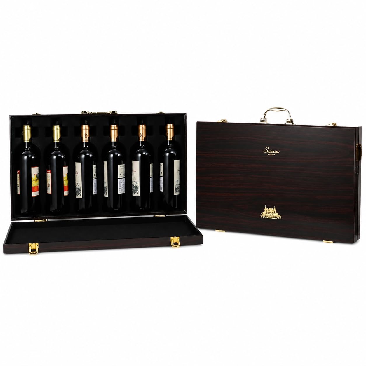 Scatola per Vino in Legno di Ebano o Sandalo Rosso, Cassetta Legno per 6 Bottiglie, Confezione Regalo Vino con usura in Metallo