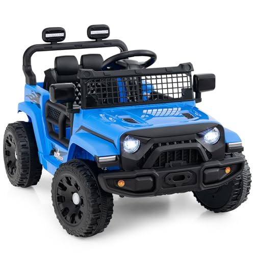 COSTWAY 12V Kids Ride on Car 2 Motors Electric Off Road Truck with Remote Control LED Lights Music & Horn Battery Powered Ride on Toy for 3+ Years Old Boys Girls (Blue)