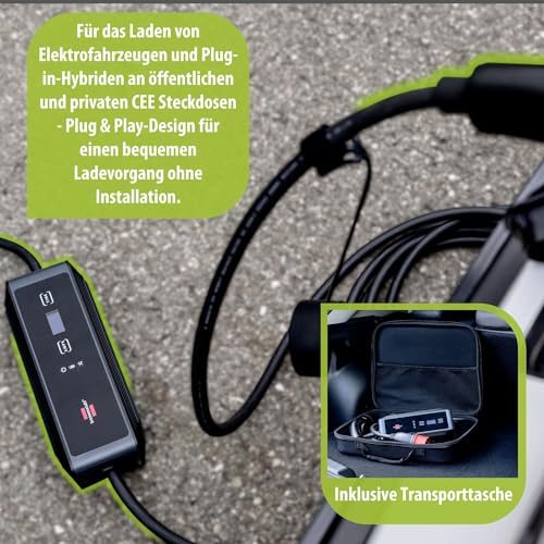 Brennenstuhl tragbares EV Ladegerät Typ 2 - CEE 11kW (Mobile Wallbox mit 8m Kabel, 16A, IP44, 3-phasig, Display, Einstellbarer Ladestrom, für Elektro- & Hybridfahrzeuge BEV/PHEV, mit Transporttasche)
