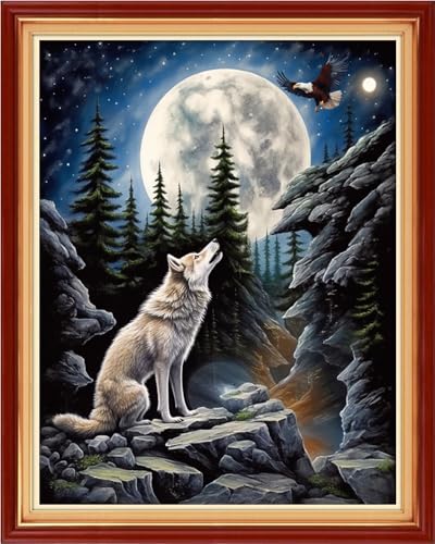 Image of Funchey Stamped Cross Stitch Kits, DIY Cross Stitch Pattern for Adults Beginners Needlepoint Kits Embroidery Kit Arts and Crafts 11CT-Moon Wolf 16x20 inch