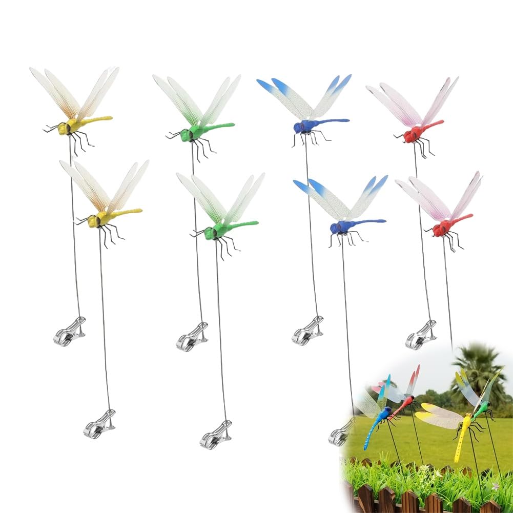 Repellente per Insetti a Clip a Forma di Libellula, Decorazione 3D a Forma di Libellula con Bastoncini, Decorazione da Giardino Simulata, Multicolore, Impermeabile(Mix-8pcs#)