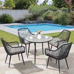 DEVOKO 5 Piece Rope Outdoor Space Saving Dining Set with Waterproof Cushions & Glass Tabletop for Indoor, Poolside, Lawn, Backyard, Garden, Terrace, Balcony (Black & Grey)