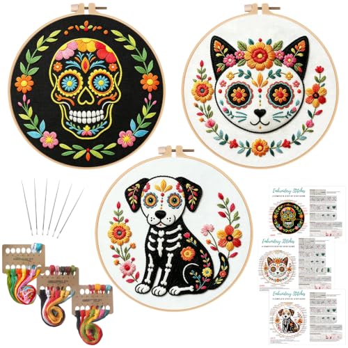 Image of Nuberlic 3 Pack Embroidery Kit for Beginners, Day of the Dead Needlepoint | Beginner Friendly Day Of The Dead Embroidery Kit Handmade Gift Pre Printed Patterns Complete Cross Stitch Starter Kit DIY
