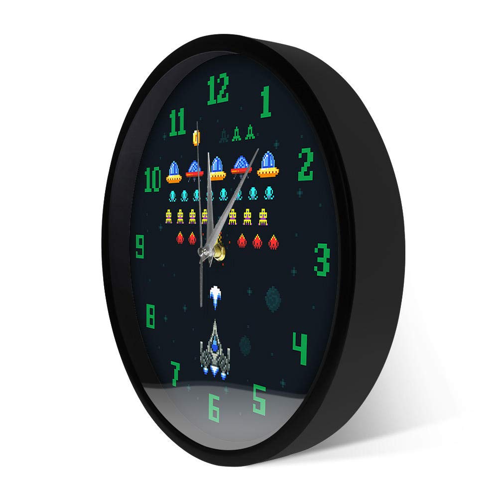 Videogioco vintage Space Alien Invader Pixel Spaceship Kids Game Room Orologio da parete Arcade Videogioco Orologio da parete in acrilico stampato-Metal_Frame_with_acrylic_glass