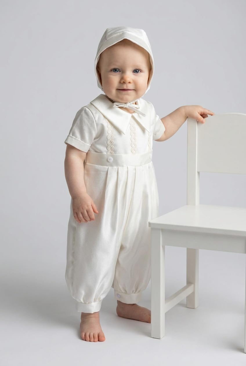 SIRRI Completo da Battesimo per Neonato in Raso, Composto da Tutina Ricamata Color Avorio e Cappellino, Due Pezzi.