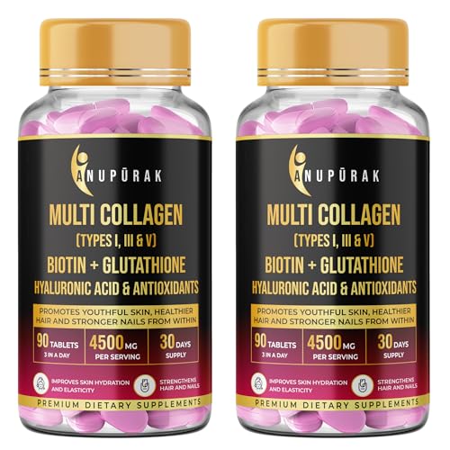 Image of Multi Collagen Complex Tablets - 3000mg . Types I, III & V | 18 Actives: Reduced Glutathione, Hyaluronic Acid, Astaxanthin & Biotin | Skin, Hair & Nail Daily Beauty Nutrition | 180 Tablets (60 Days)