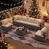 RTDTD Outdoor Patio Furniture Set, 7 Pieces Outdoor Furniture All Weather Patio Sectional Sofa PE Wicker Modular Conversation Sets with Coffee Table,6 Chairs & Seat Clips Brown