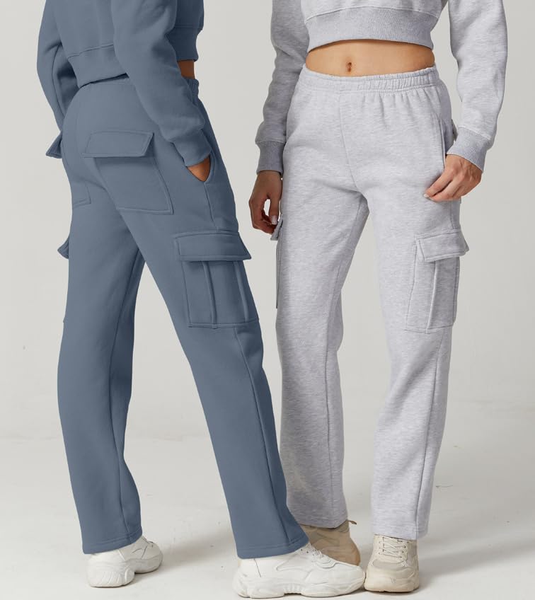 Image of QINSEN Baggy Medium Waist Elastic Sweatpants for Womens Casual Long Fleece Cargo Pants with Pockets