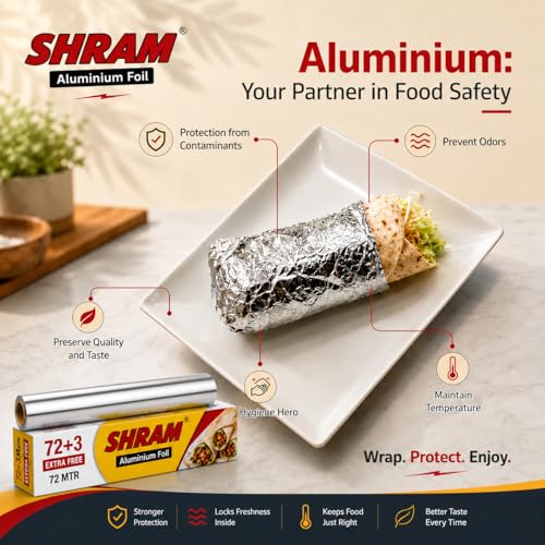 Image of Aluminium Foil 72 Meter + 3 Meter Free | 14 Micron Food Grade Kitchen Foil Roll | Safe Paper Zigzag Cutter | Multipurpose Foil for Home, Hotel & Restaurant Use | Baking, Grilling & Food Wrapping