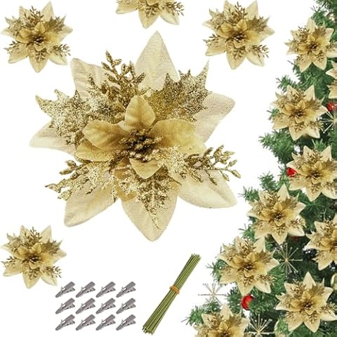 Cliselda 30Pcs Gold Poinsettias Artificial Christmas Flowers with Clips, 5.5" Glitter Artificial Flower Poinsettia Christmas Decorations Christmas Tree Flower for Xmas Wreath Garland Holiday Decor Cover