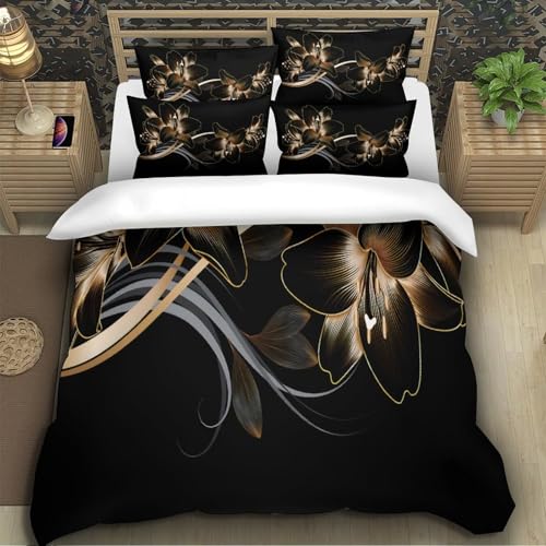 Housse de Couette 140x200 Fleur Dorée Parure Lit Single Microfibre Douce - 5