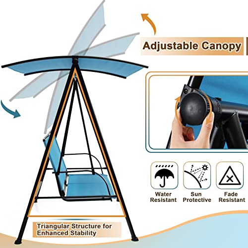 Image of Tangkula 2 Person Porch Swing, Patio Swing with Adjustable Canopy, Comfortable Fabric Seat & Heavy-Duty Steel Frame, Outdoor Canopy Swing for Patio, Garden, Poolside (Navy Blue)