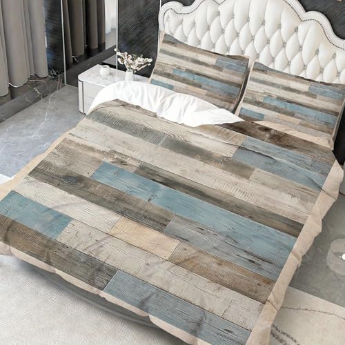 Housse de couette à motif patchwork de planches de bois bleu et gris